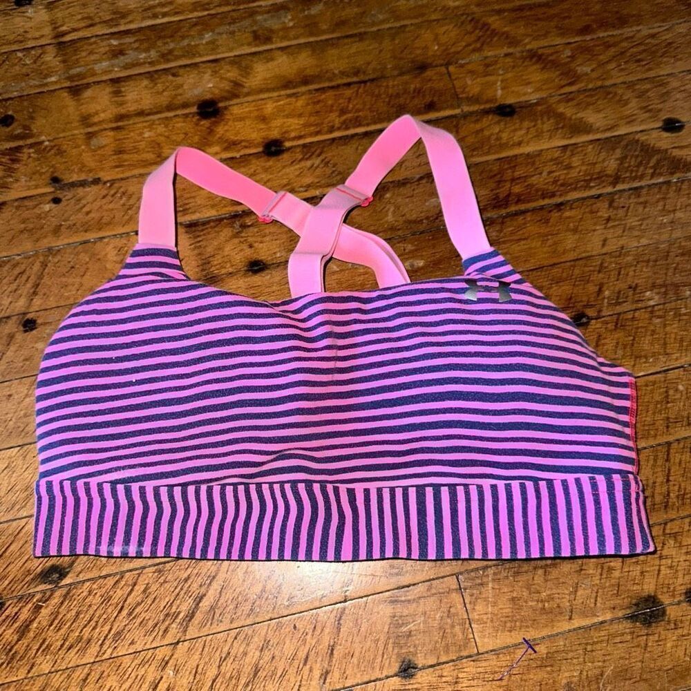 Under Armour pink striped strappy high impact XS sporty bra